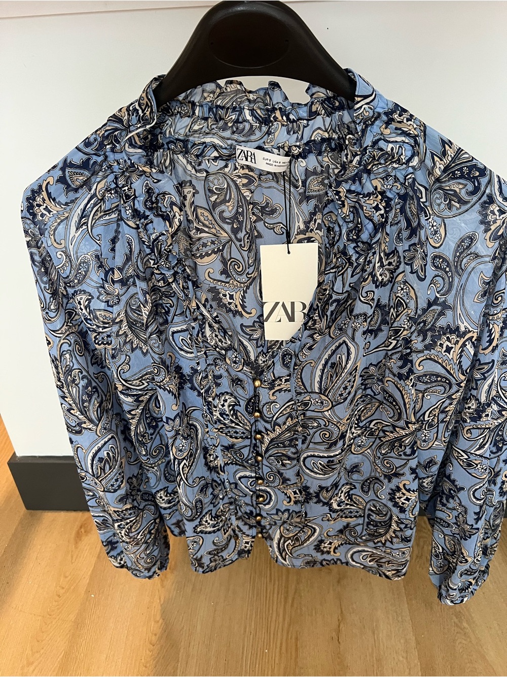 Zara Blue Paisley Ruffle-Neck Blouse